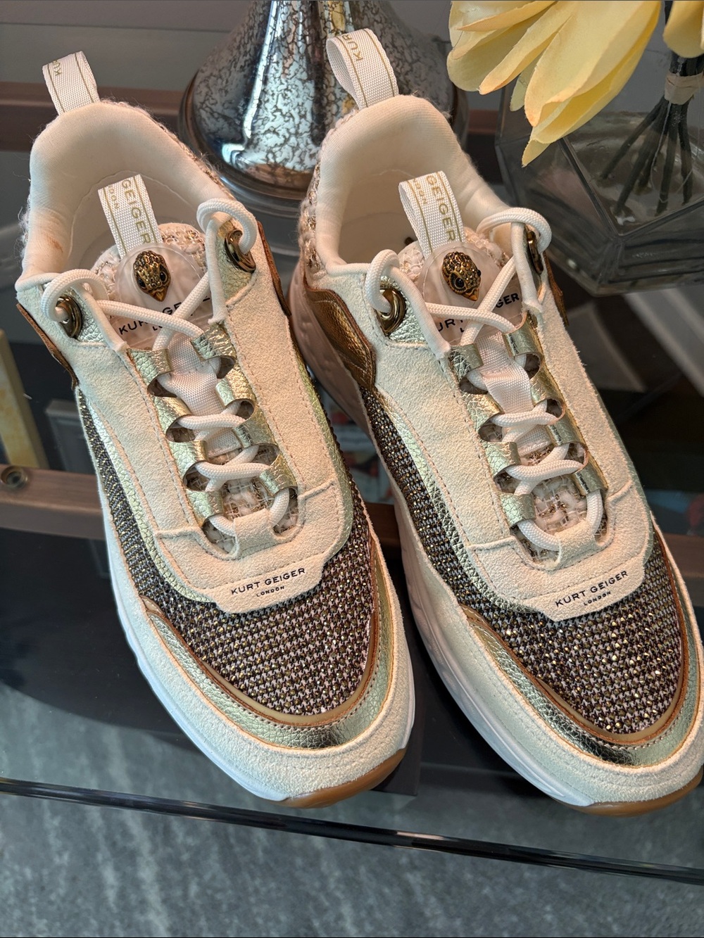 Kurt Geiger Cream and Gold Mixed-Material Sneakers